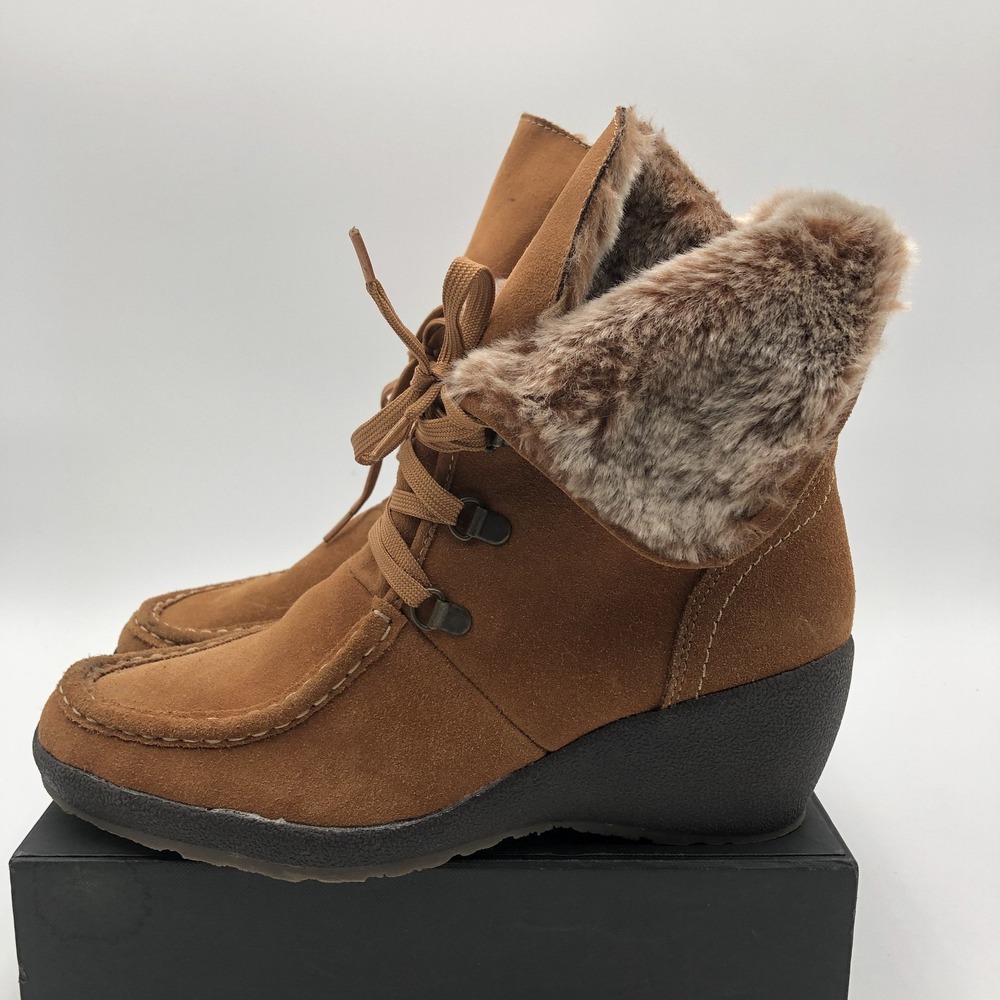 Iso Isotoner Boots Womens 9 M Vanessa Ankle Bootie Brown Leather Lace Up Wedge - Picture 5 of 11